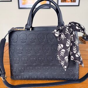 Betsy Johnson Black Skull Embossed Handbag with Scarf